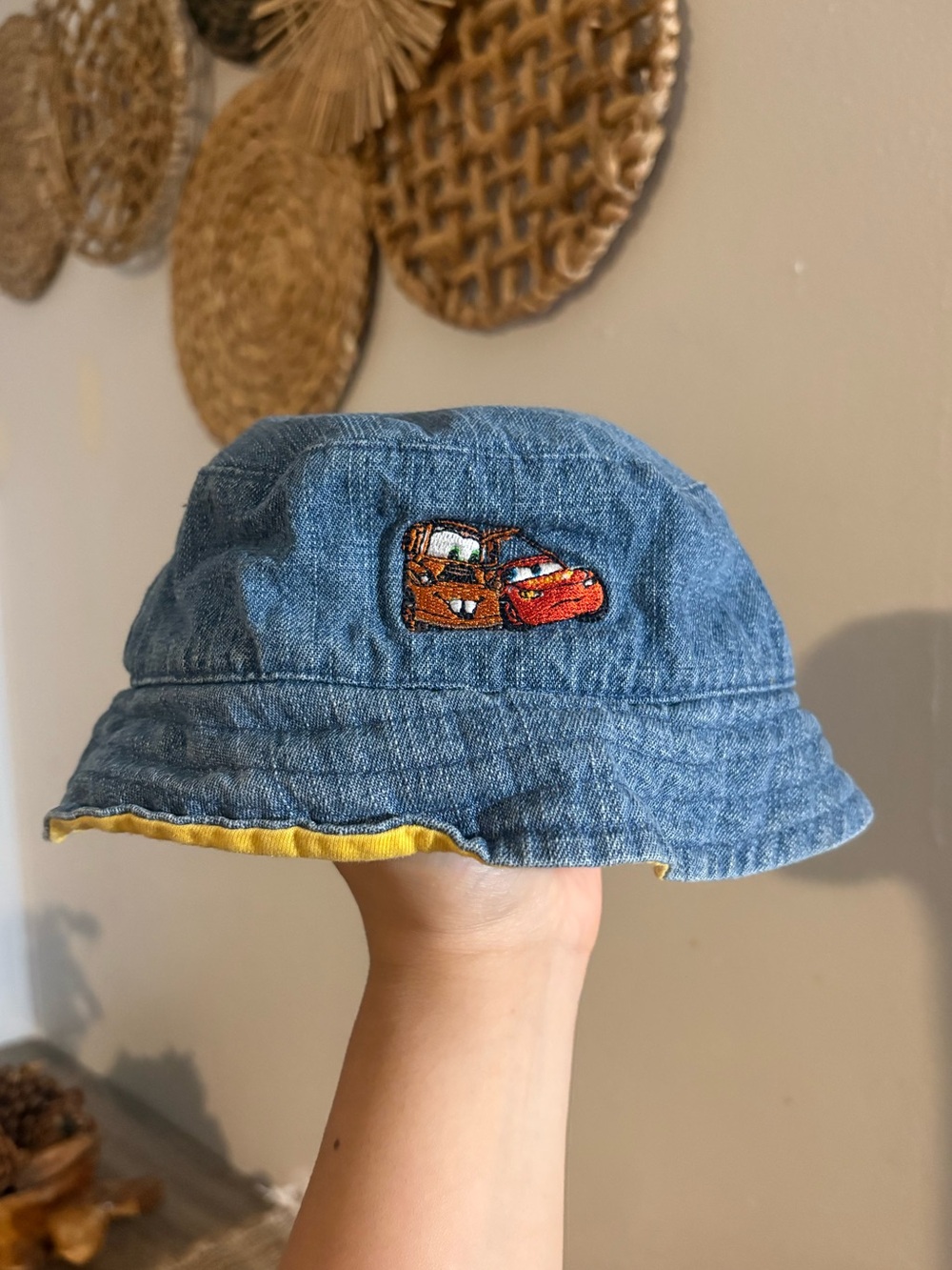 Kids Denim Bucket Hat with Embroidered Race Car Design - Blue & Yellow